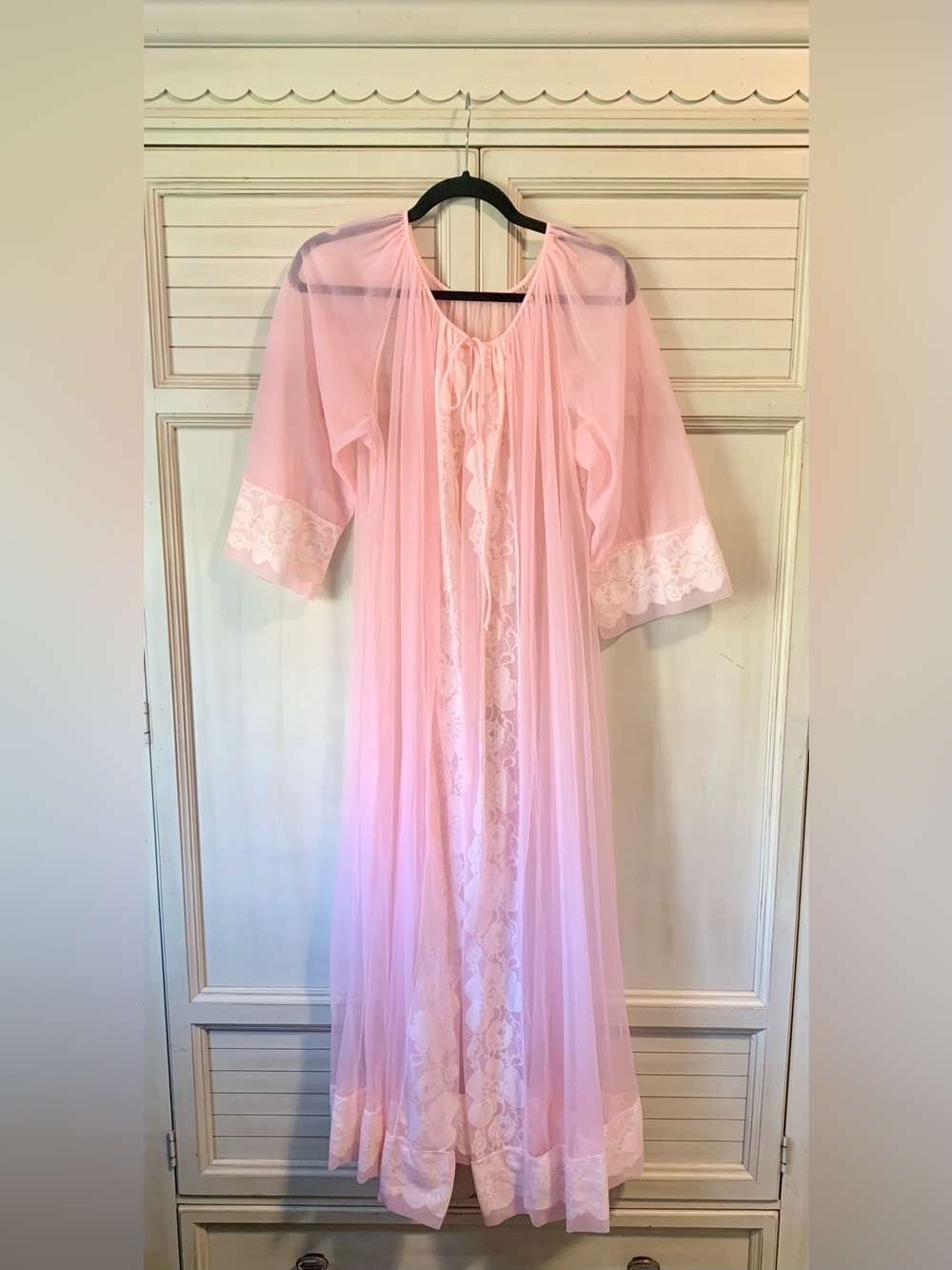 Vintage Miss Elaine Sheer Pink Lace Peignoir Robe Dressing Gown Medium Coquette